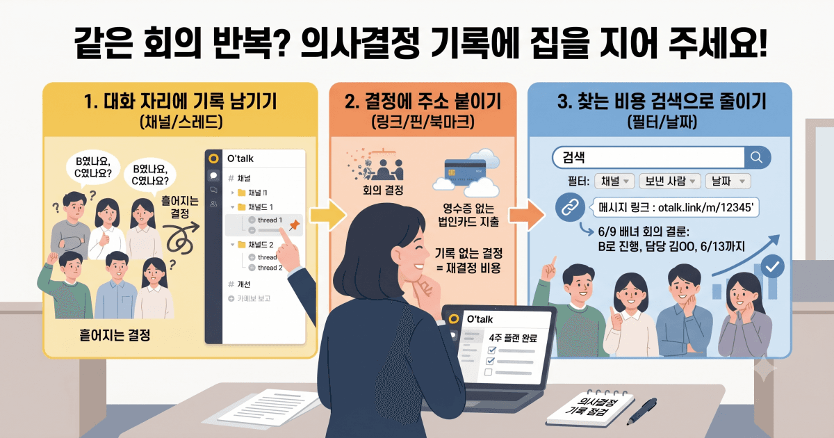 Cover Image for 의사결정 기록이 없는 팀이 같은 회의를 반복하는 이유와 해결법 3가지